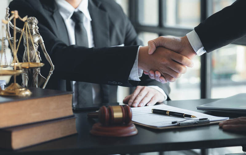 Two colleagues shaking hands across a table, representing a client and partner agreement